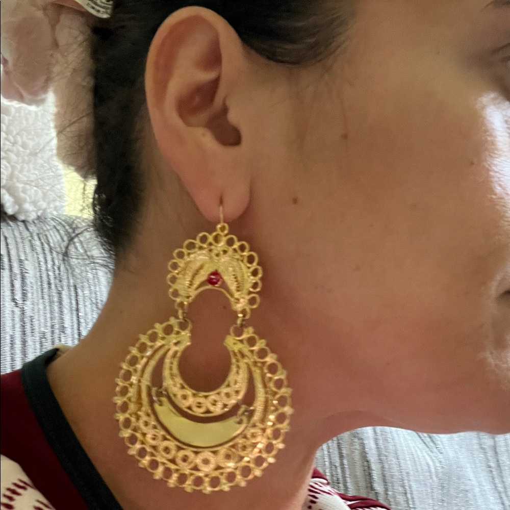 Gold Filigree Crescent Hoop Earrings with Red Accent